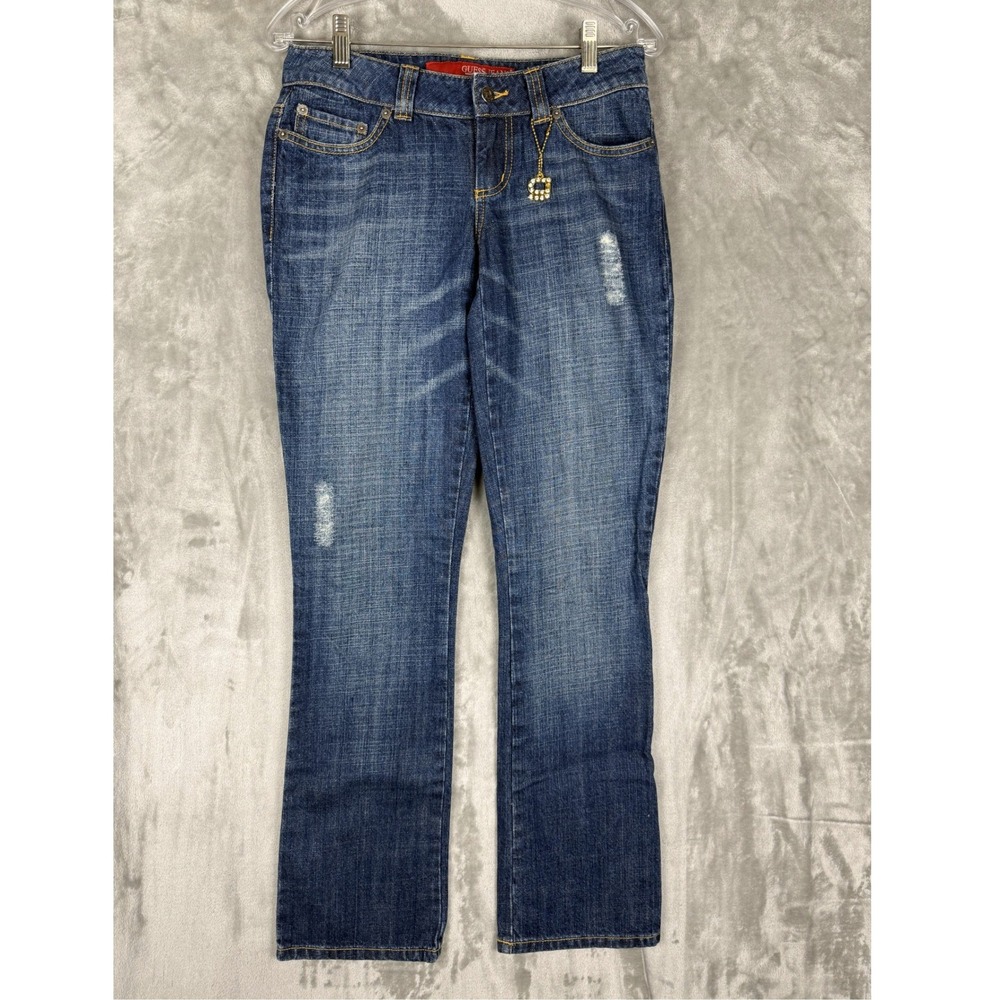 Y2K Guess Jeansβ Womens Size 26 Bootcut Distressed Denim Charm Accent